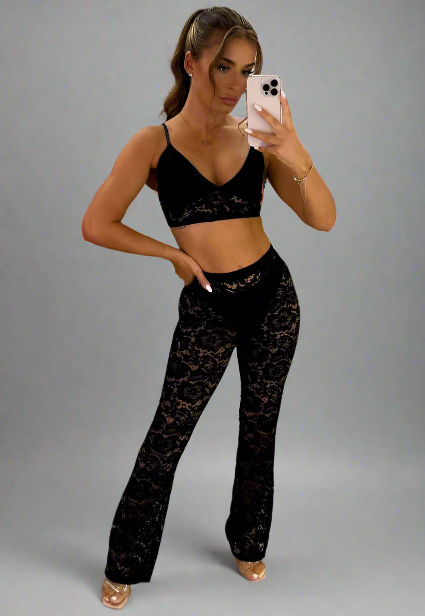 Black Lace Flared Trousers And Top Co Ord Two Piece Set