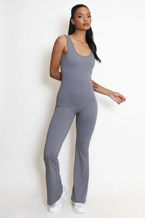 Cut Out Back Ruched Pushup Jumpsuit Dark Grey