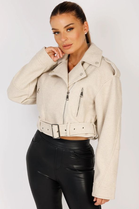 Beige Vegan Faux Wool Brushed Biker Jacket