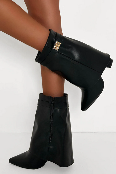 Black Faux Leather Fold Over Ankle Boots