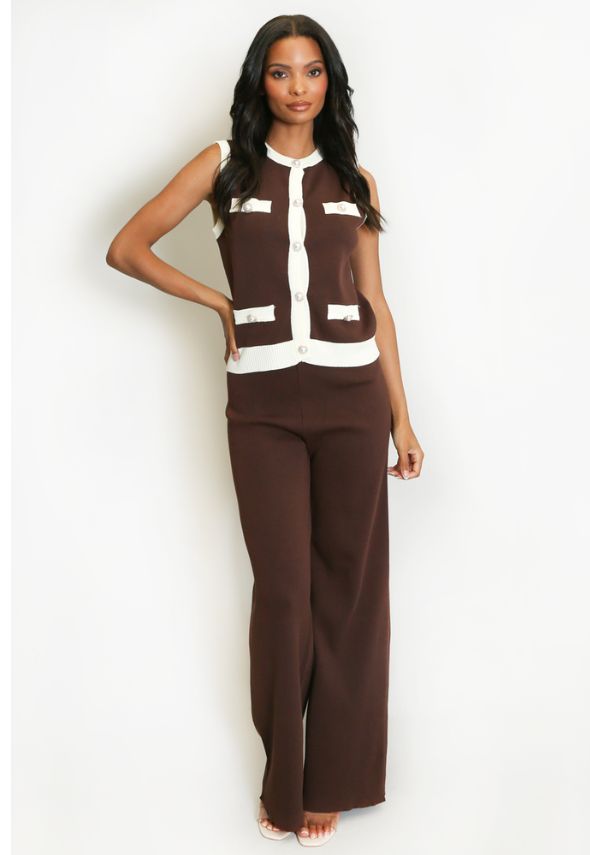 Ribbed Contrast Trim Waistcoat and Wide Trousers Set Brown