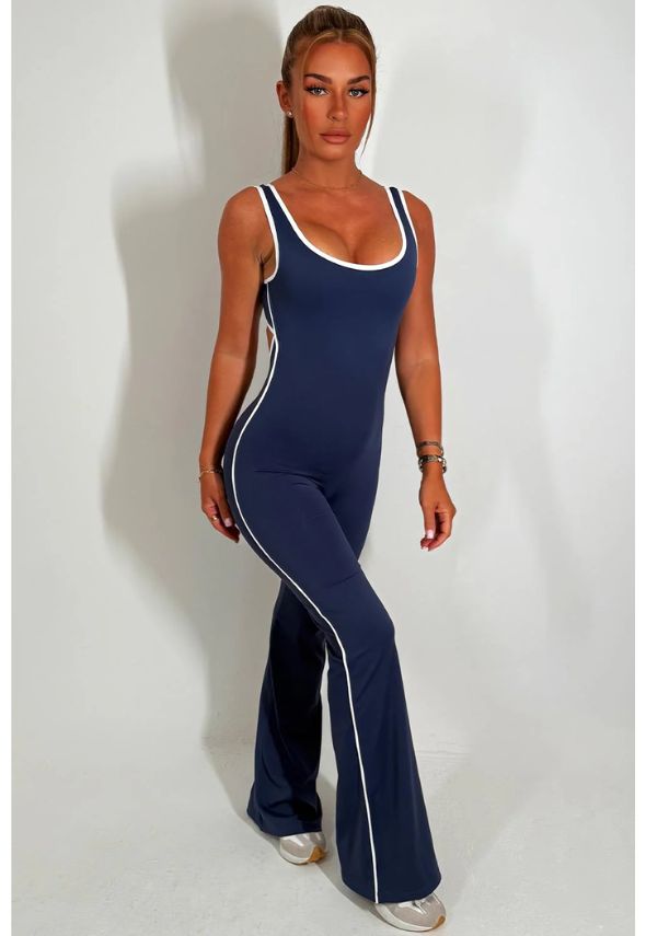 Skinny Flare Leg Jumpsuit With Open Back Navy
