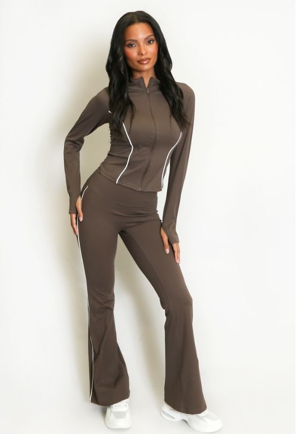 Contrast Lining Zipper Top and Flare Hem Trouser Set Brown