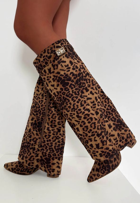 Leopard Fold Over Knee High Shark Boots