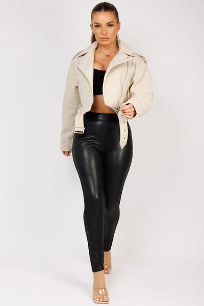 Beige Vegan Faux Wool Brushed Biker Jacket