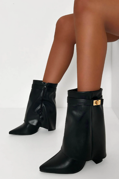 Black Faux Leather Fold Over Ankle Boots