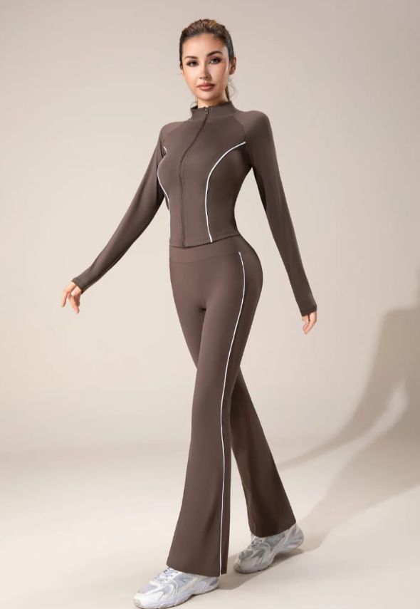 Contrast Lining Zipper Top and Flare Hem Trouser Set Brown