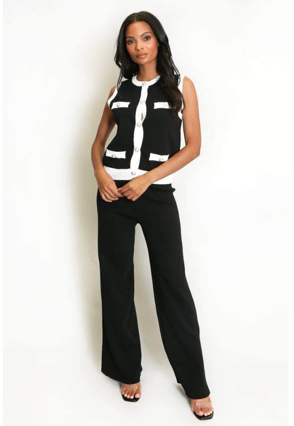 Ribbed Contrast Trim Waistcoat and Wide Trousers Set Black