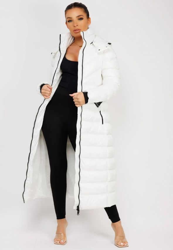 White Long Padded Puffer Trench Coat Jacket With Hood & Belt