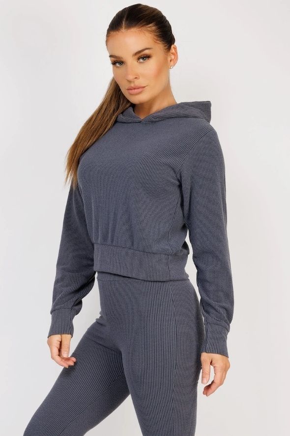 Airforce Blue Ribbed Hoody & Skinny Flare Trousers Loungewear Set