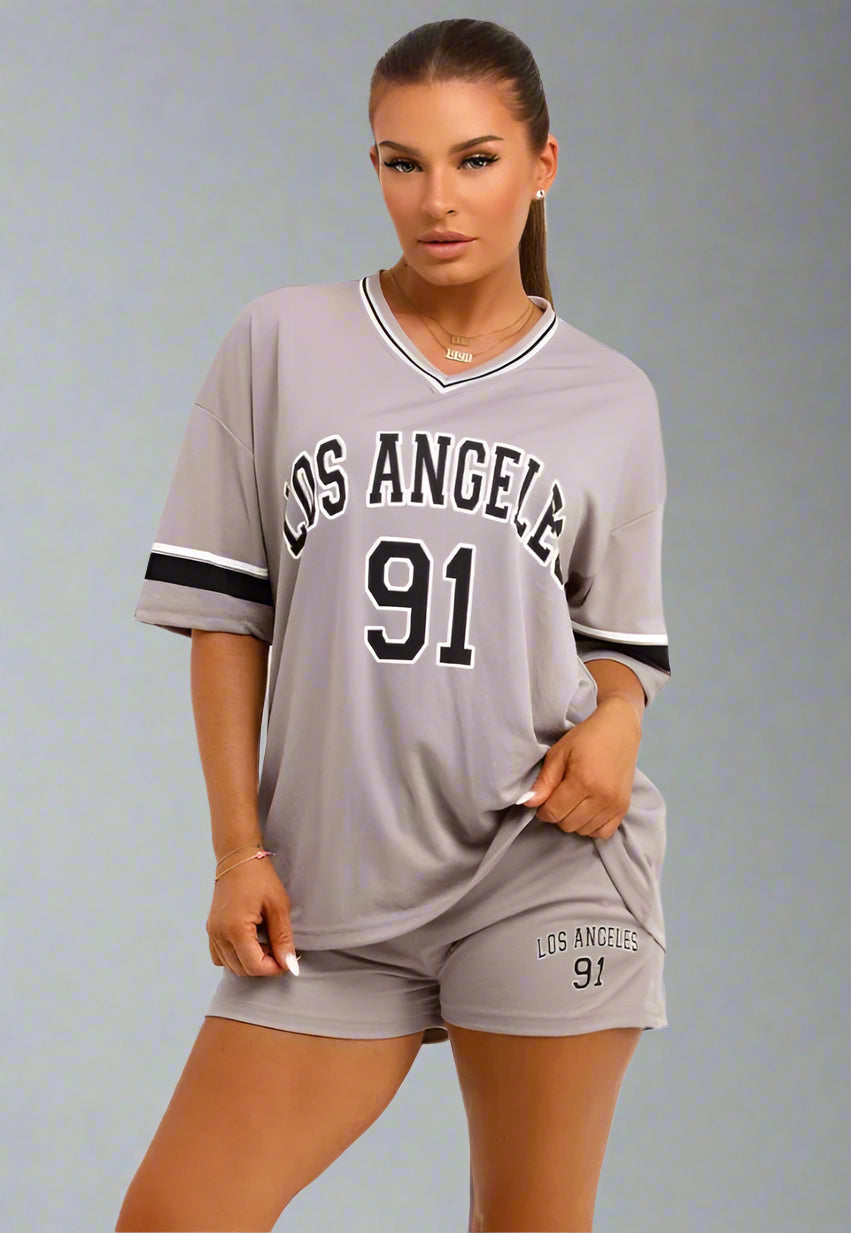 Football Jersey T Shirt And Shorts Co Ord Set With Los Angeles Print Grey
