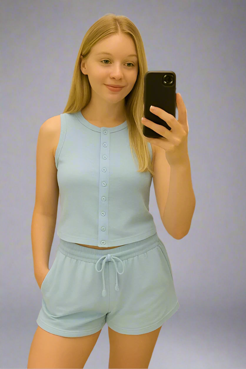 Ribbed Button Through Sleeveless Top & Shorts Co-Ord Sky Blue