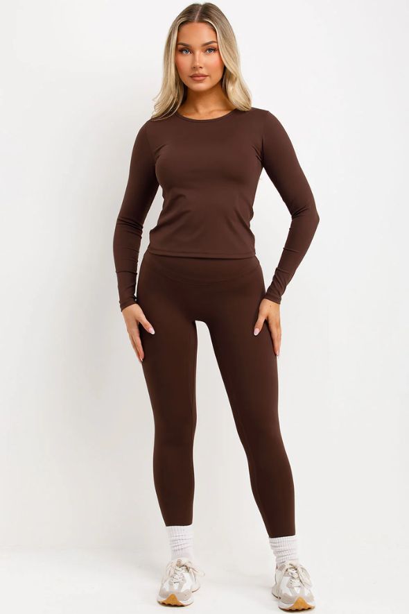 Sculpt Structured Contour Leggings And Top Co Ord Activewear Set Brown
