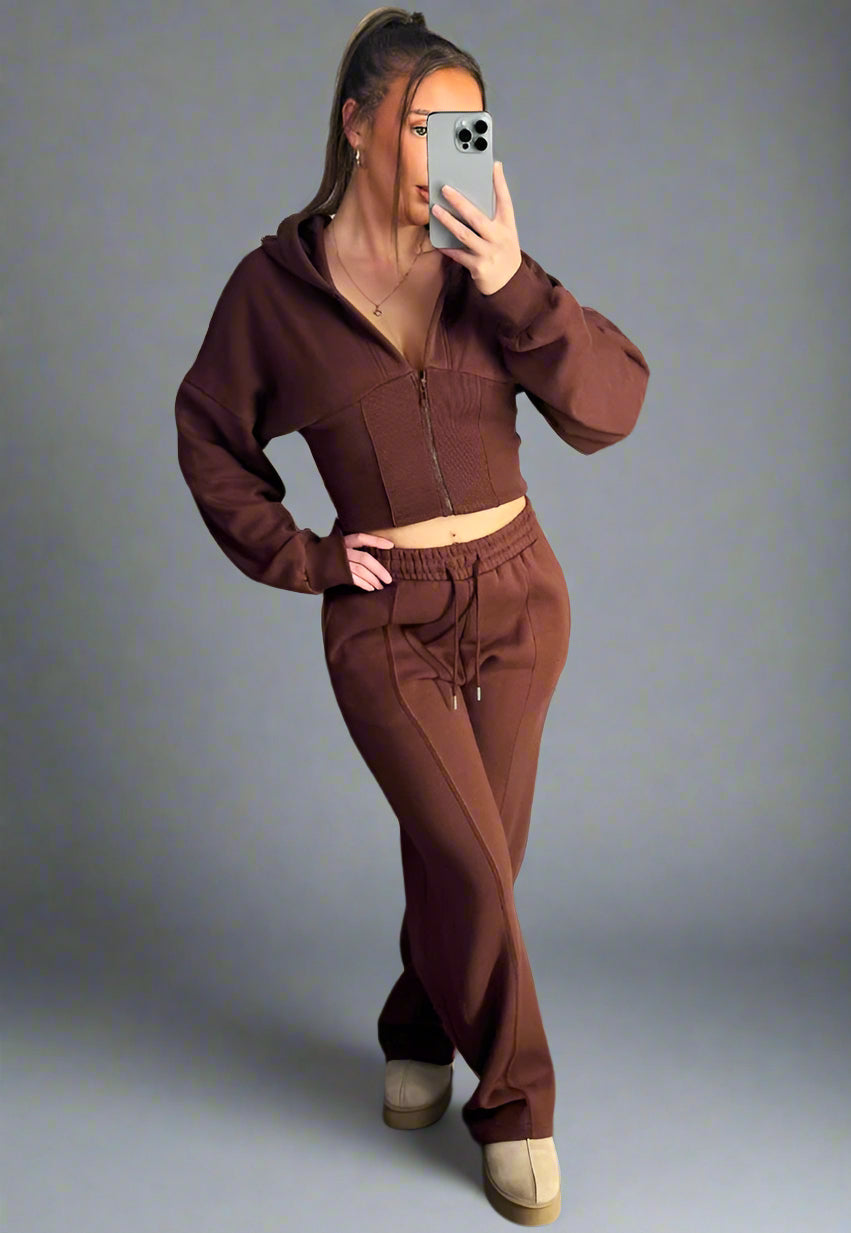Corset Hoodie And Joggers Tracksuit Co Ord Set Brown