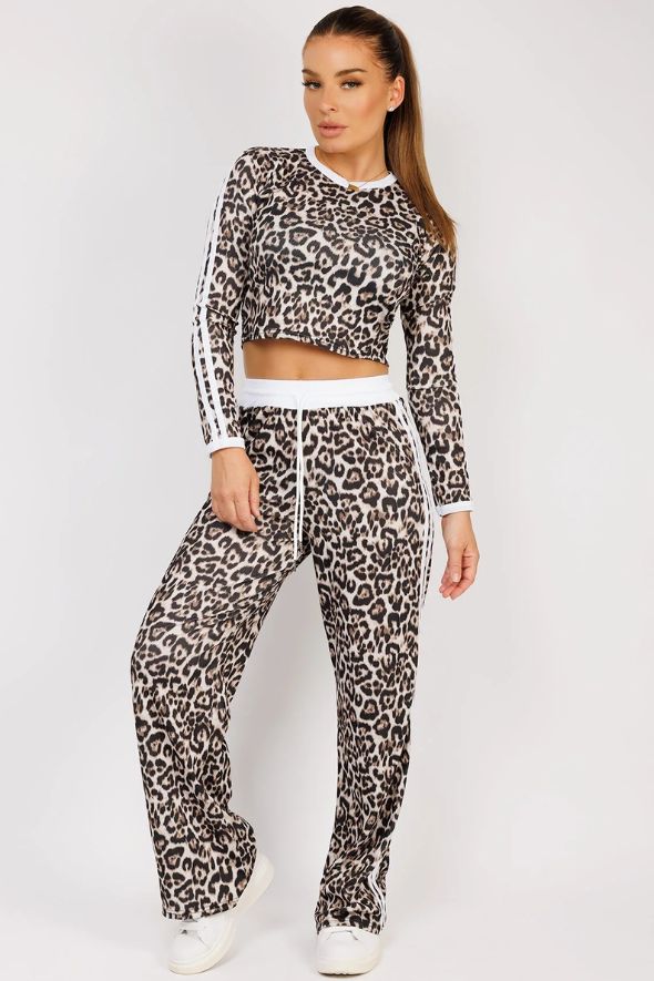 White Striped Leopard Print Ribbed Crop Top & Trousers Loungewear Set