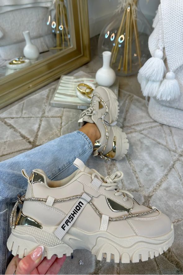 Chunky Diamante Detail Trainer - Beige