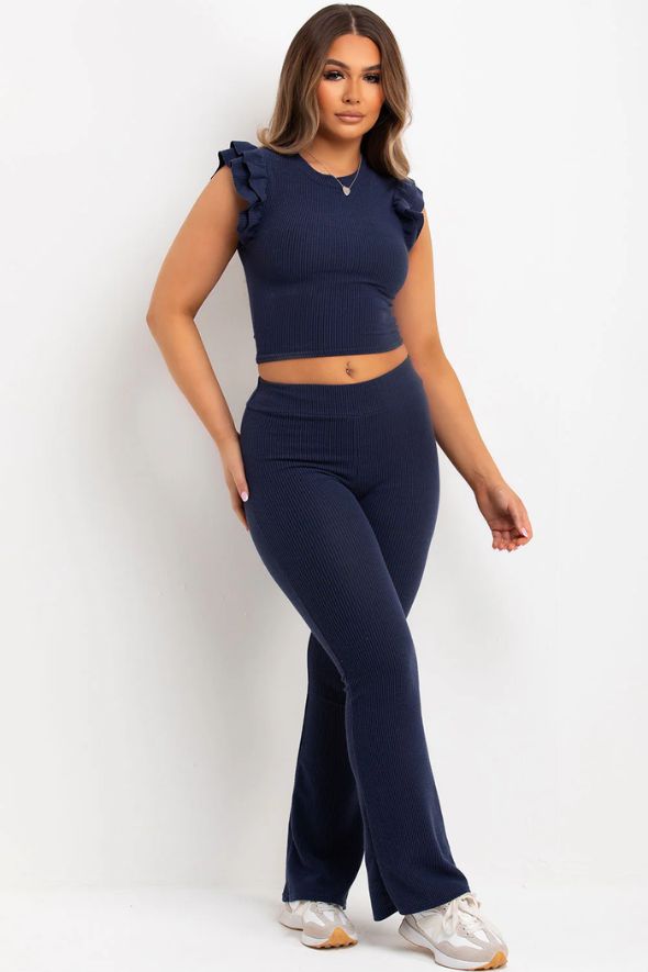 Frill Shoulder Top And Skinny Flare Trouser Set Ribbed Navy