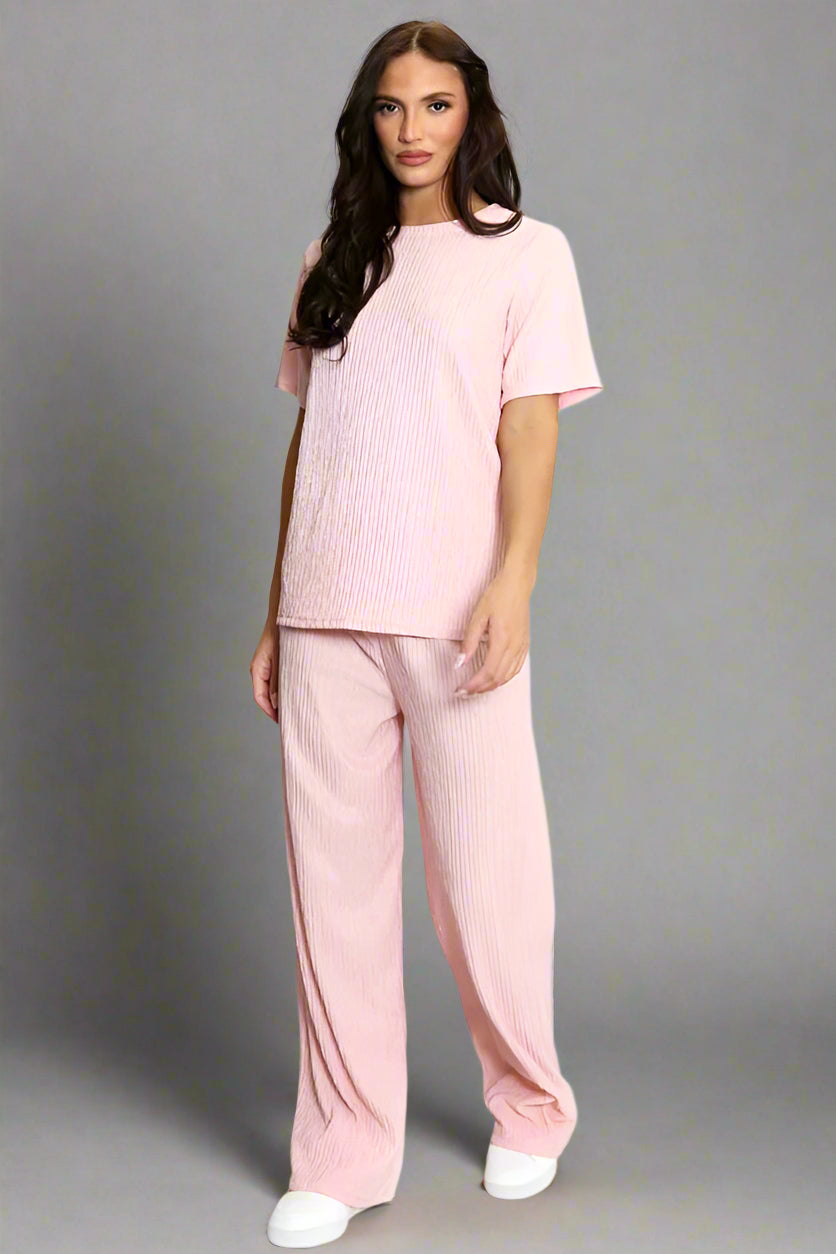 Asymmetric Hem Top And Wide Leg Trouser Co-Ord Pink