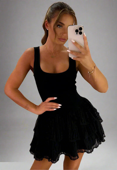 Black Lace Ruffle Frill Hem Dress With Square Neck