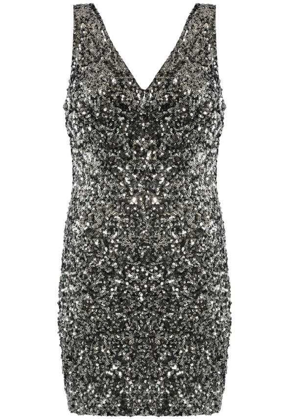 Cowl Neck Mini Dress in Sequin Silver