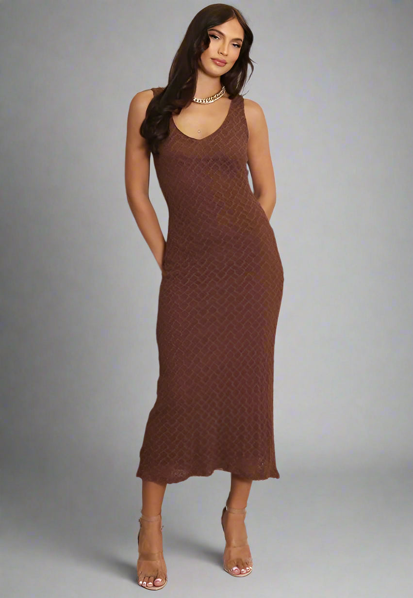 Lace Lined Sleeveless Midi Dress Brown