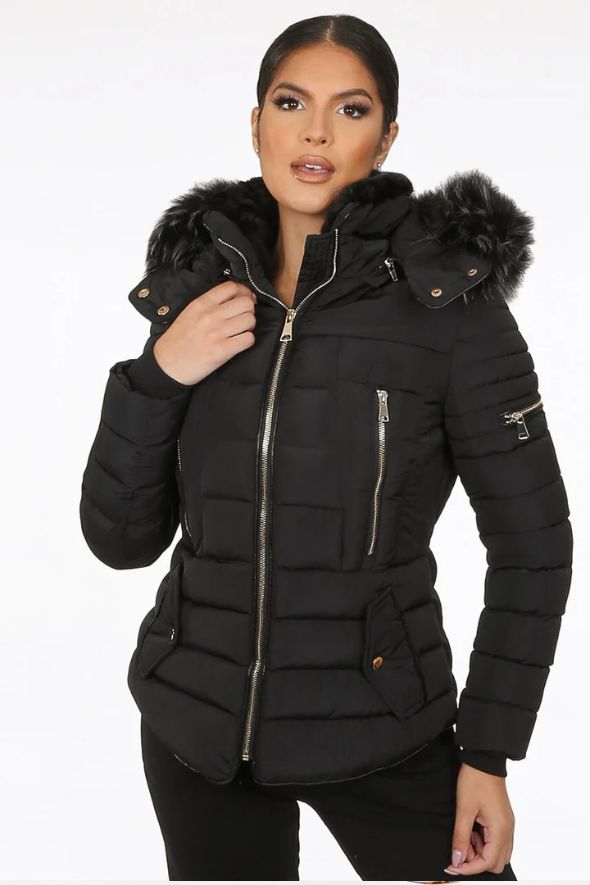 Black Faux Fur Hood Puffer Jacket