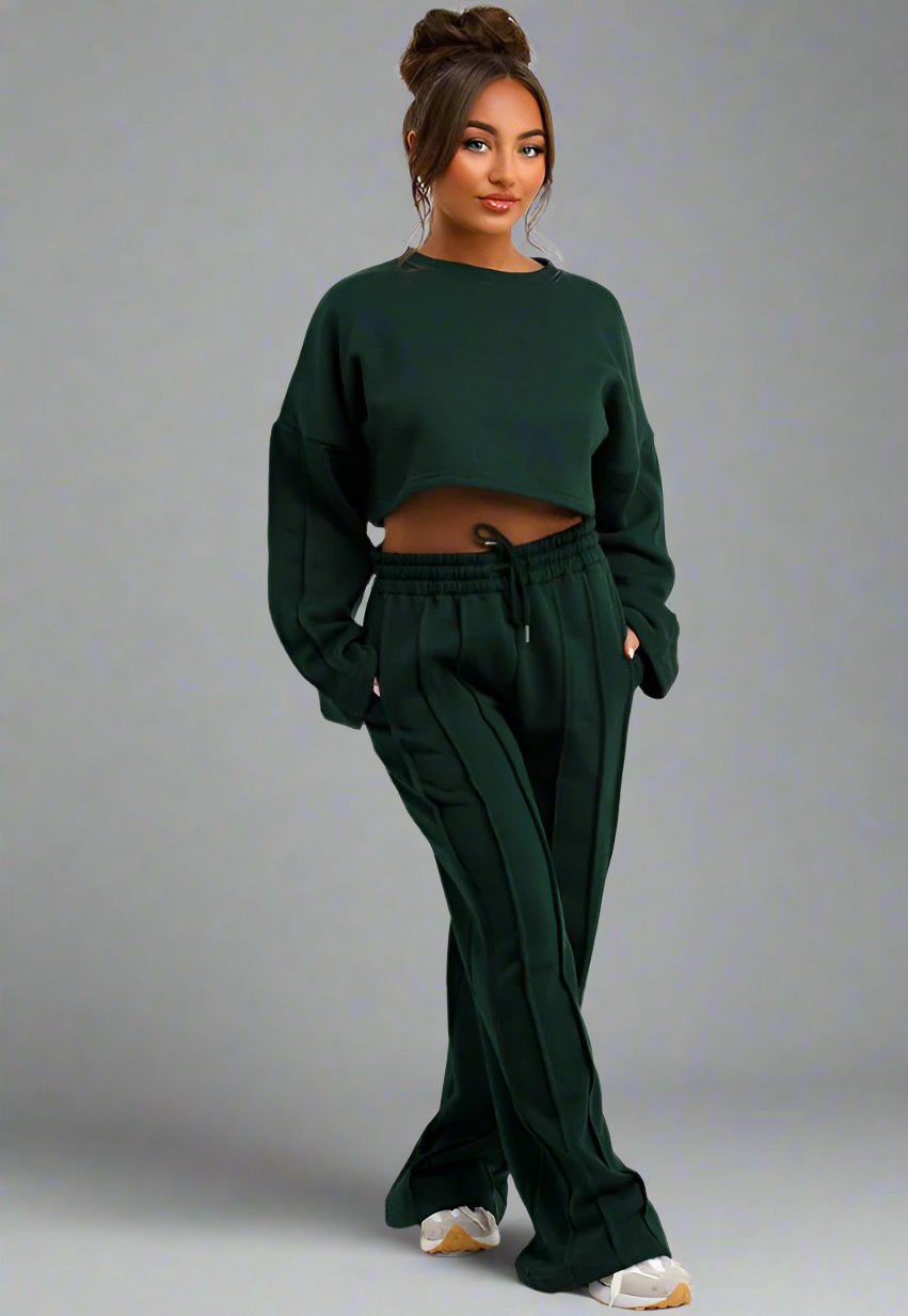 Tracksuit Joggers And Crop Sweatshirt With Seam Detail Bottle Green