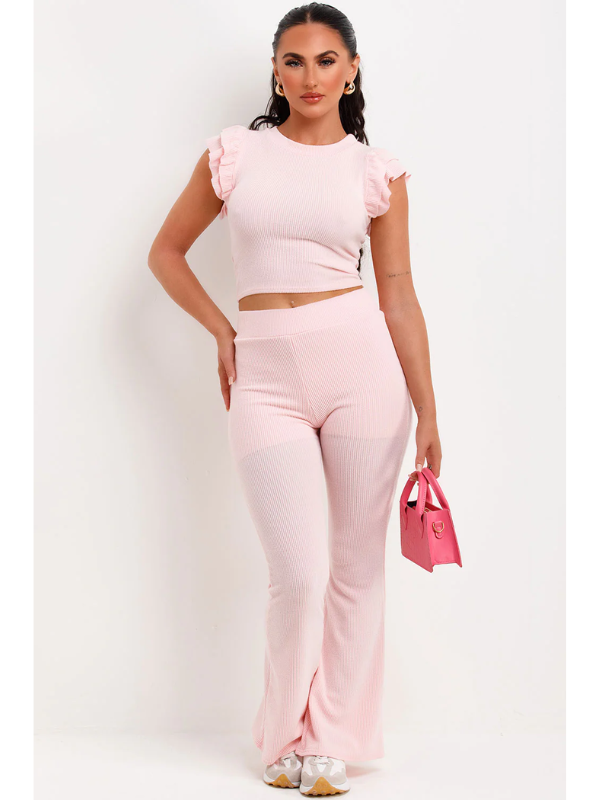 Frill Shoulder Top And Skinny Flare Trouser Set Ribbed Baby Pink