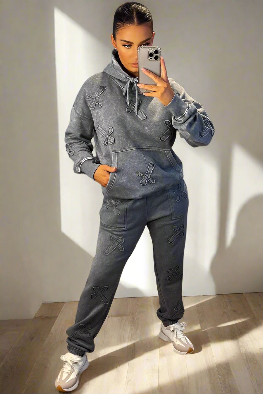 Hoodie And Joggers Tracksuit Cross Patch Loungewear Grey