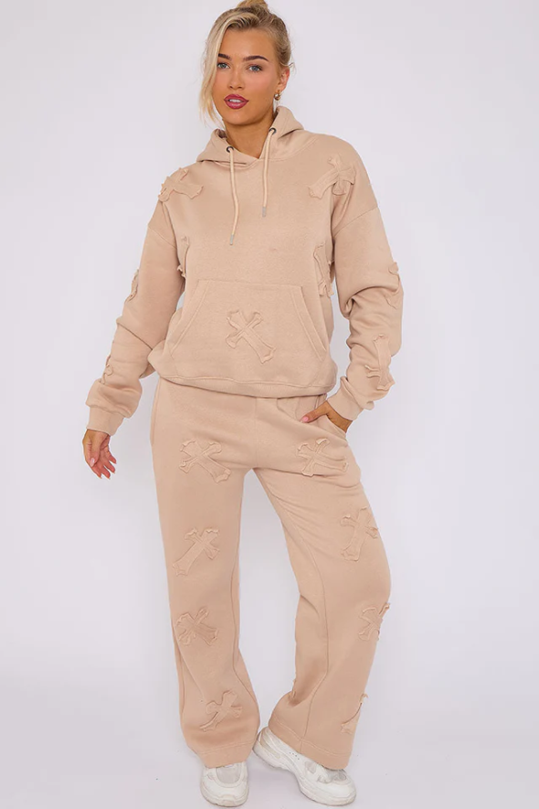 Oversized Crucifix Cross Hooded Tracksuit Beige