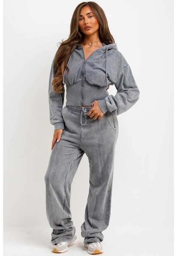 Crop Sweatshirt Hoodie And Bell Bottom Trousers Loungewear Silver Grey