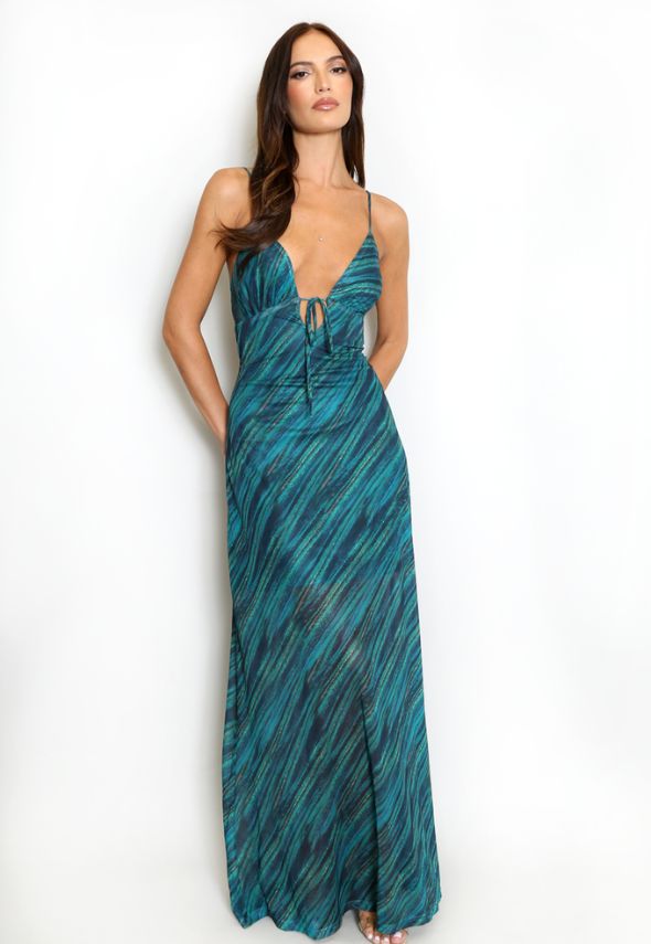 Printed Mesh Cut Out Back Maxi Dress Green