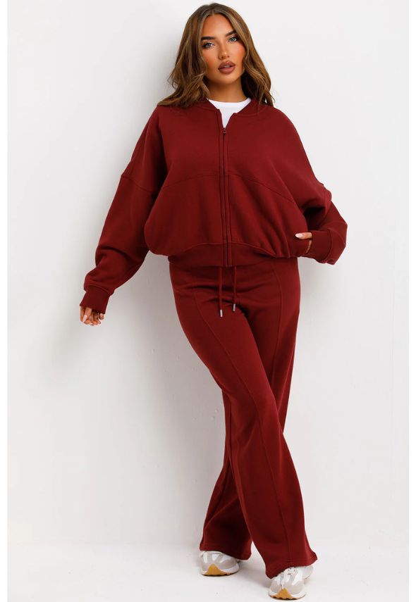 Bomber Sweatshirt With Zip And Joggers Loungewear Set Wine