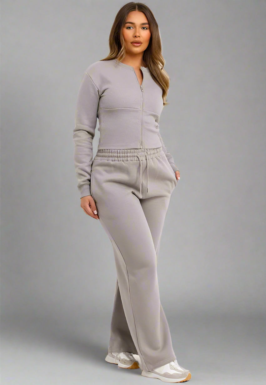 Corset Zip Up Crop Sweatshirt And Joggers Tracksuit Co Ord Set Grey