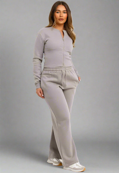 Corset Zip Up Crop Sweatshirt And Joggers Tracksuit Co Ord Set Grey