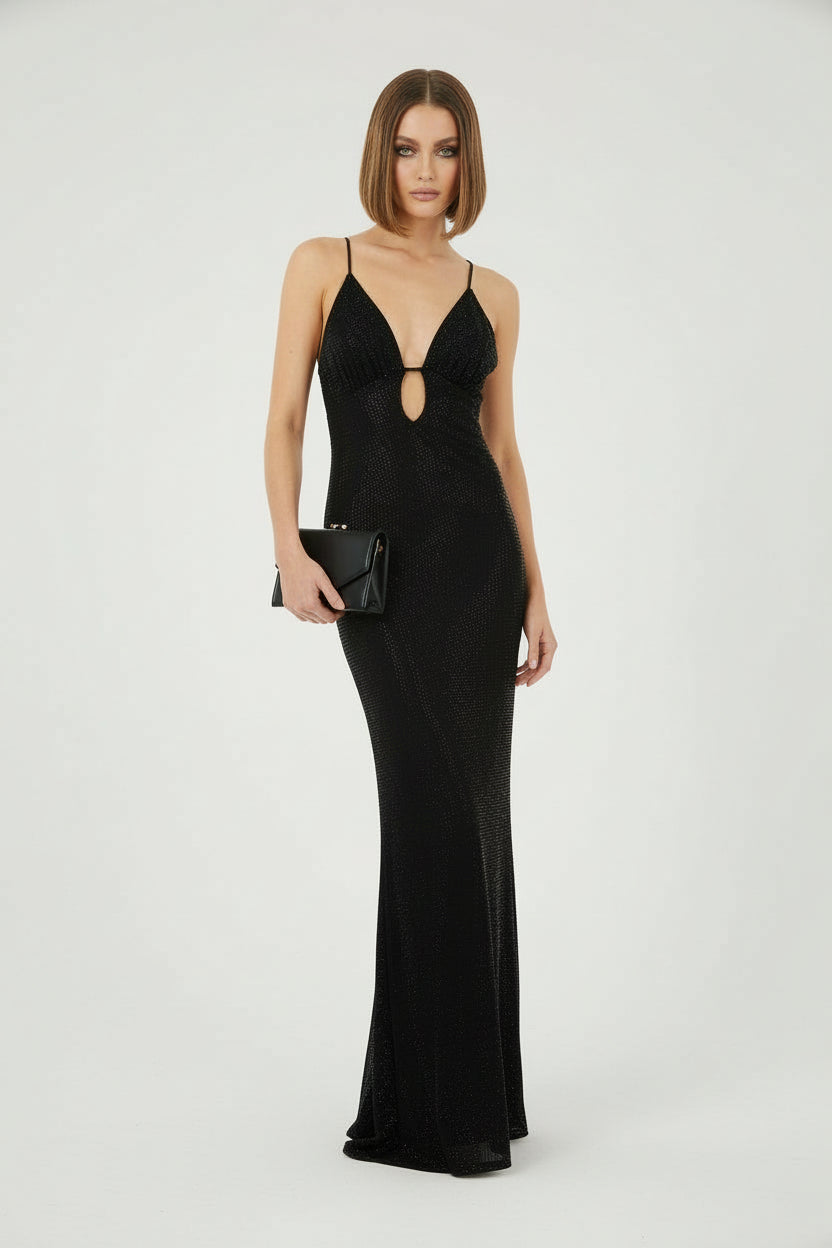 Embellished Plunge Neck Maxi Dress Black
