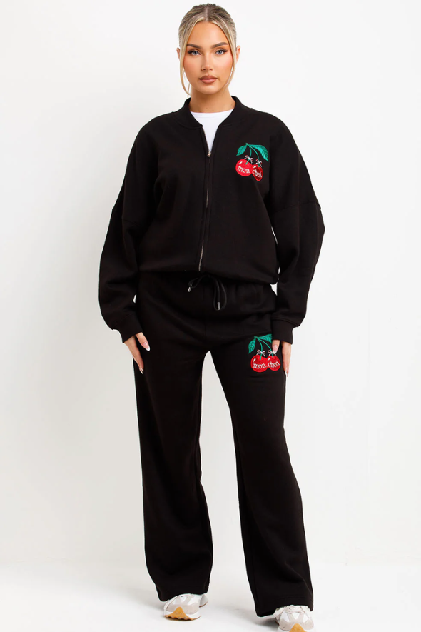 Bomber Sweatshirt With Zip Joggers Loungewear With Mon Cheri Embroidery Black