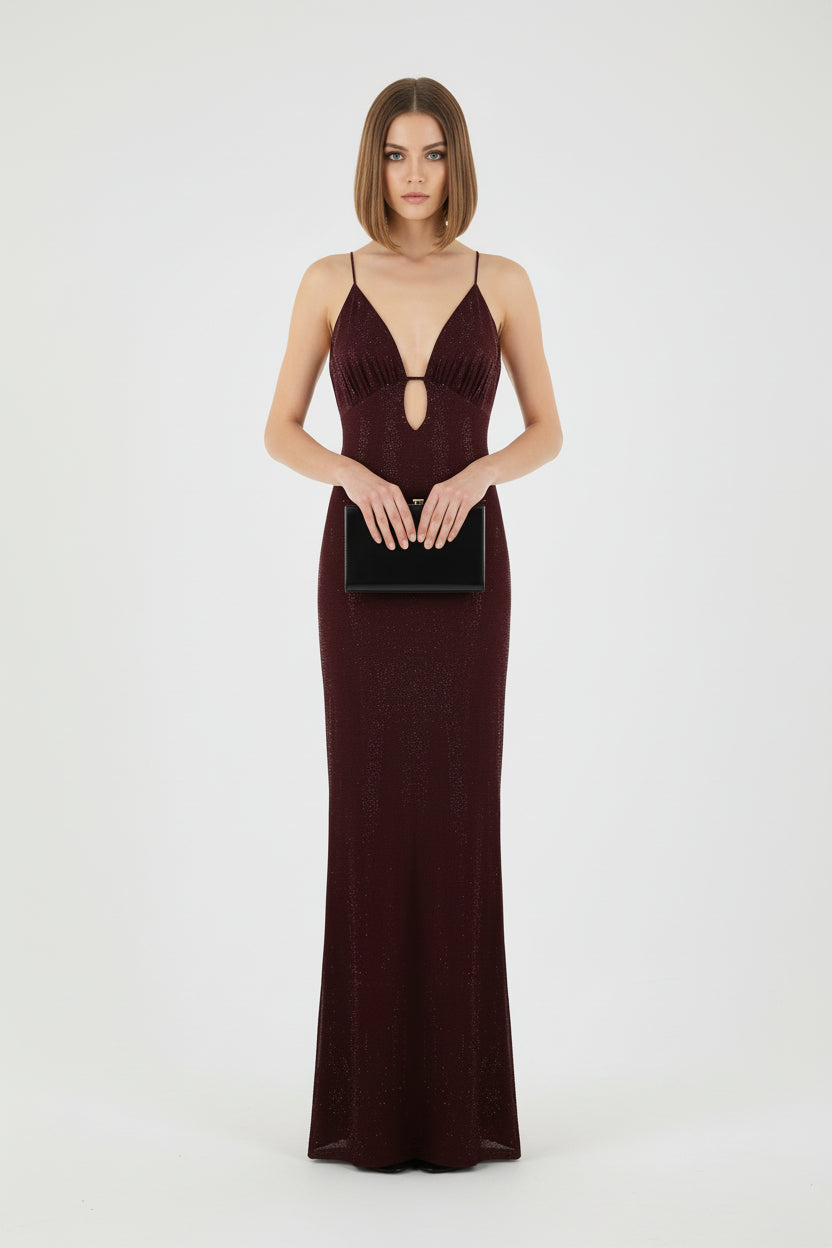 Embellished Plunge Neck Maxi Dress Burgundy