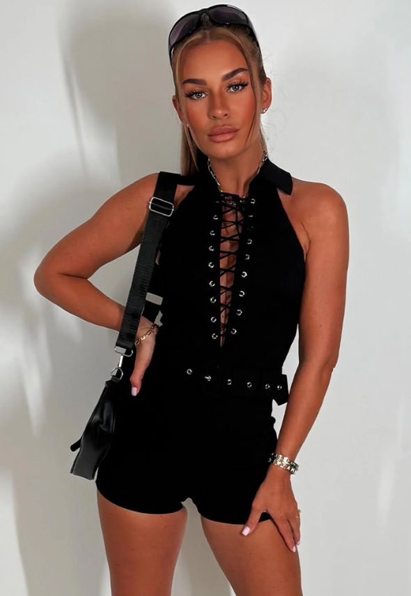 Playsuit with Lace Up Front and Belt Black