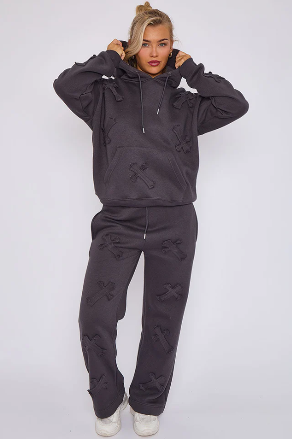 Oversized Crucifix Cross Hooded Tracksuit Dark Grey