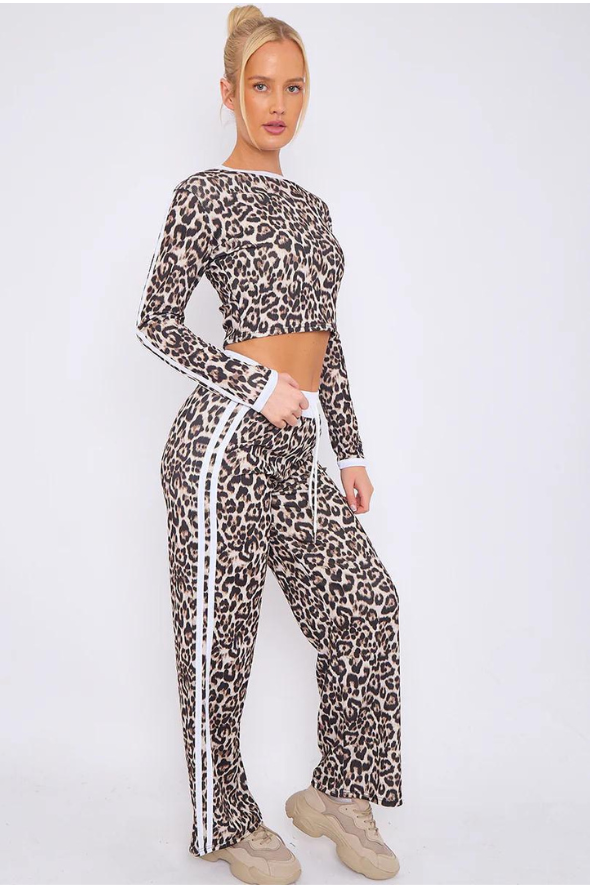 Leopard print Crop Top & Wide leg Bottoms Set White