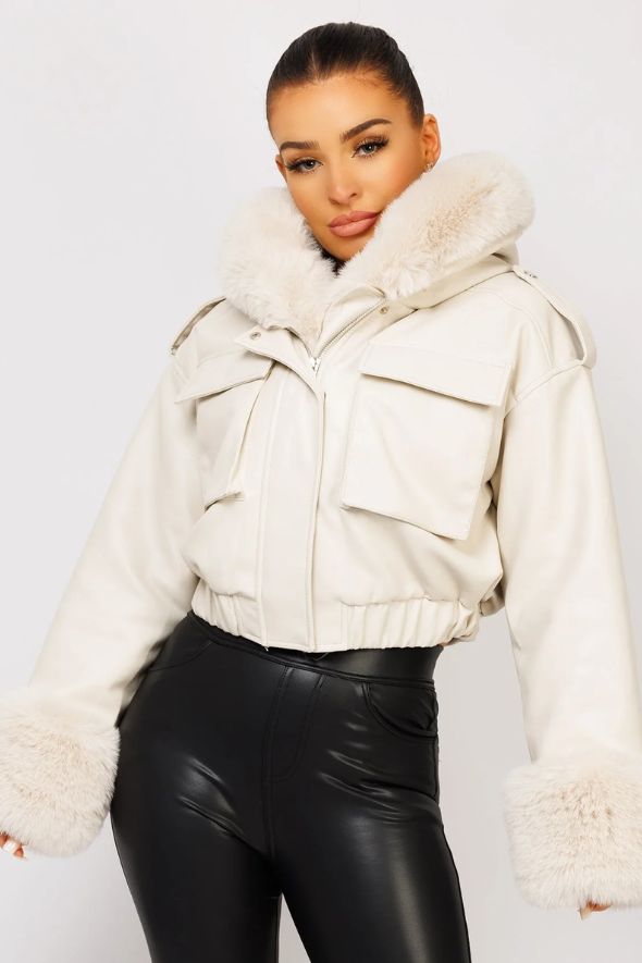 Beige Vegan Leather Faux Fur Trim Hooded Bomber Jacket