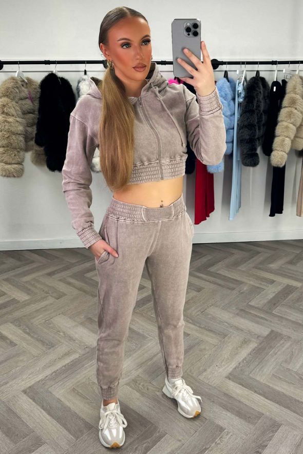 Stonewashed Tracksuit With Zip Front Cropped Navy Beige