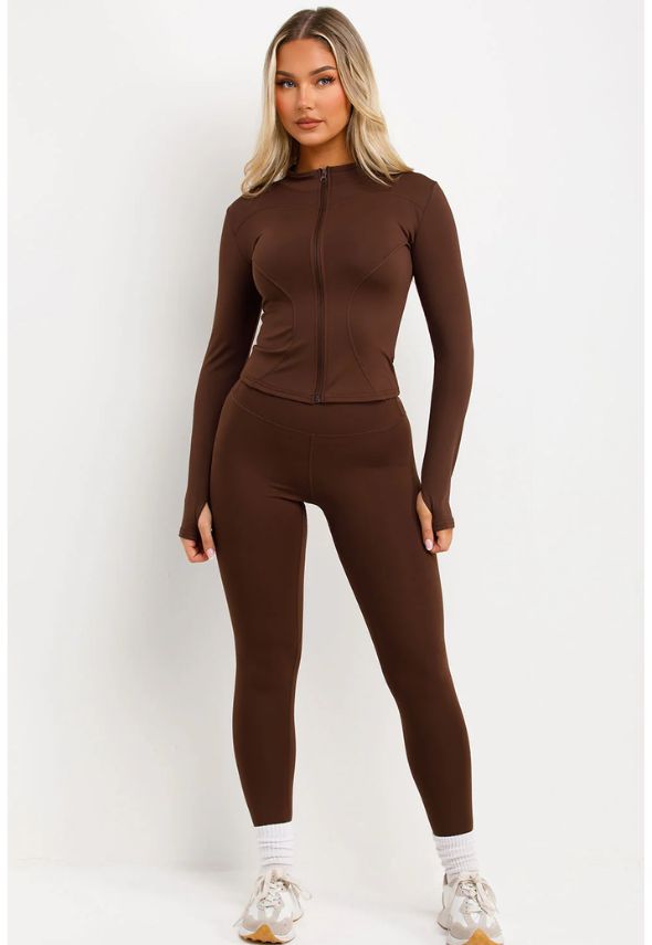Zip Up Sports Jacket And Seamless Leggings Co Ord Set Brown