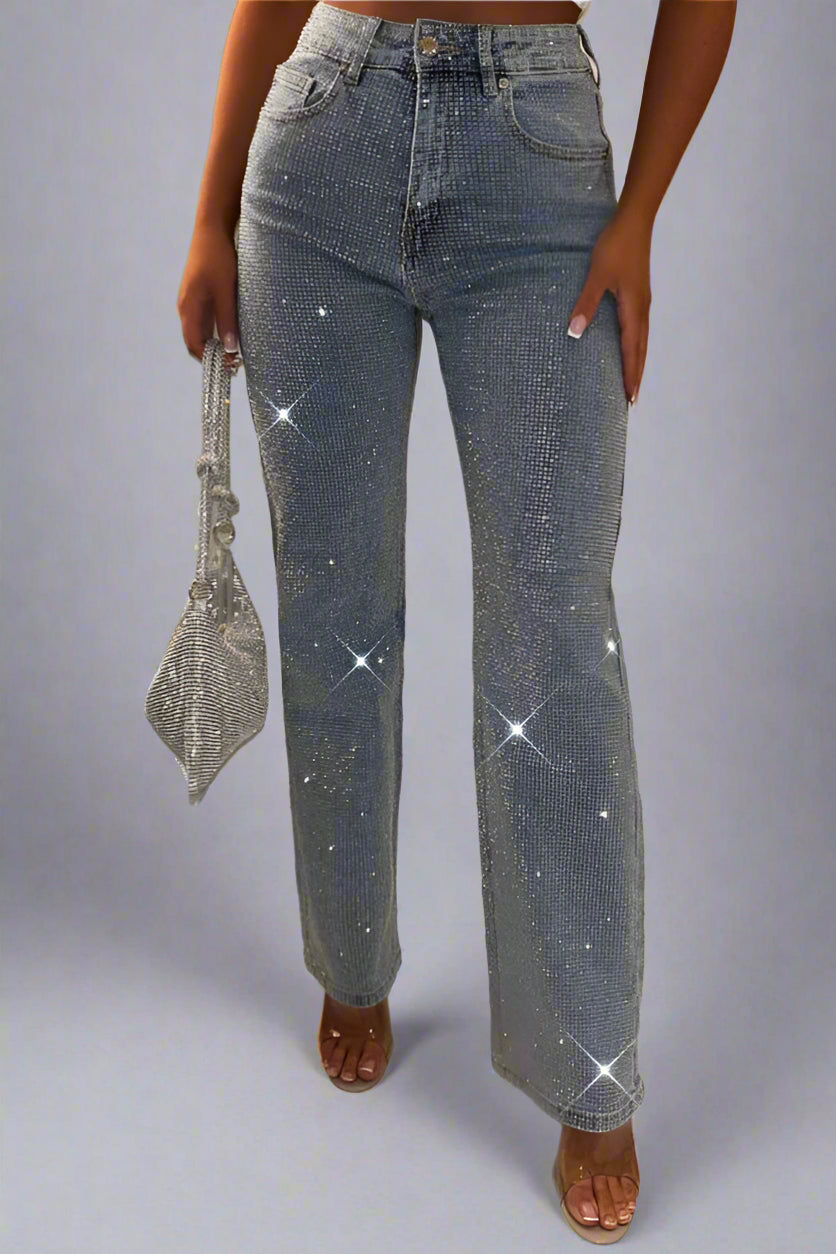Bling Mid Blue Straight Leg Stretch Diamante Jean
