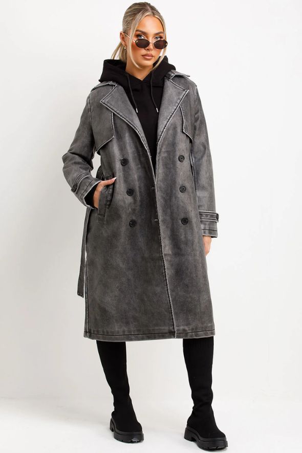 Faux Leather trench Coat With Belt Grey