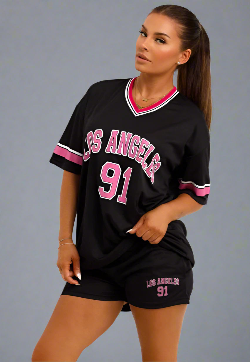 Football Jersey T Shirt And Shorts Co Ord Set With Los Angeles Print Black