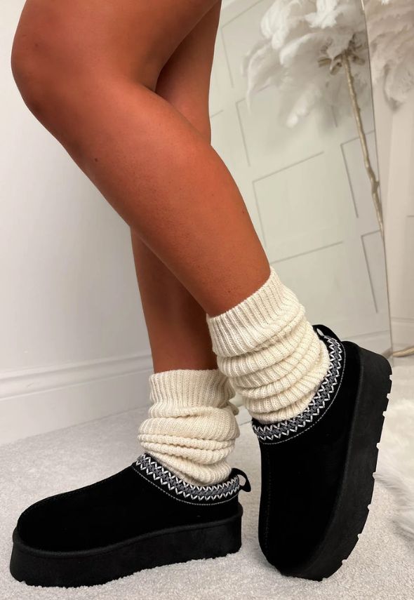 Luxury Black Aztec Detail Faux Fur Lining Platform Mule
