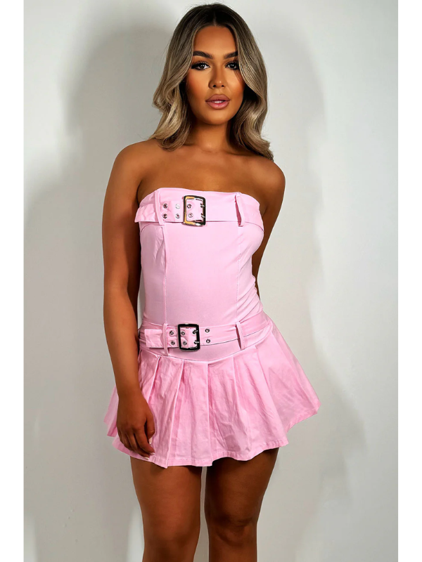 Pleated Skort Dress With Buckle Detail Baby Pink