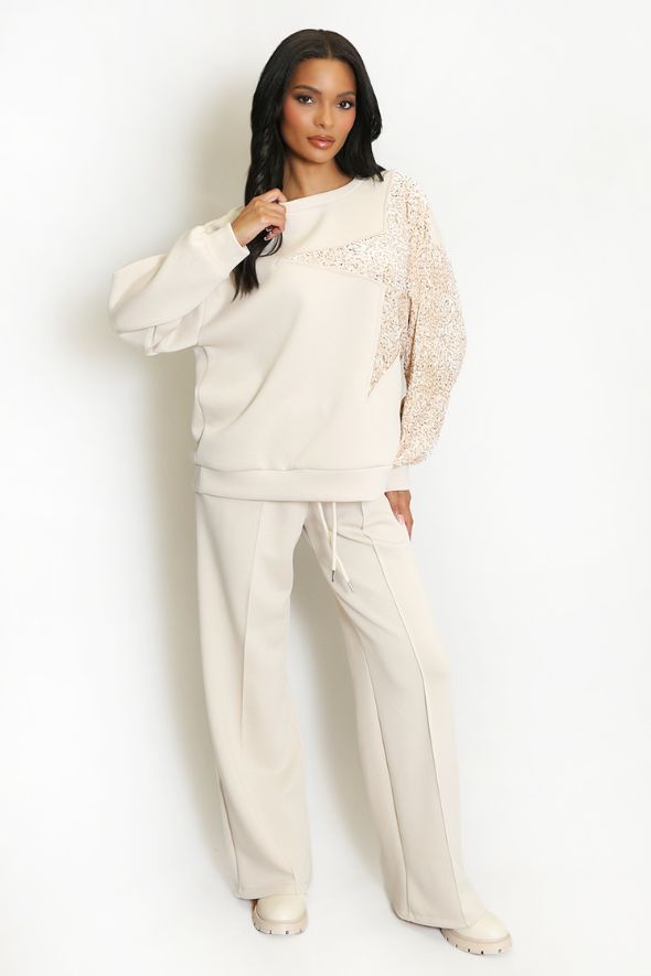 Star Sequin Sweatshirt And Trouser Co-Ord Beige